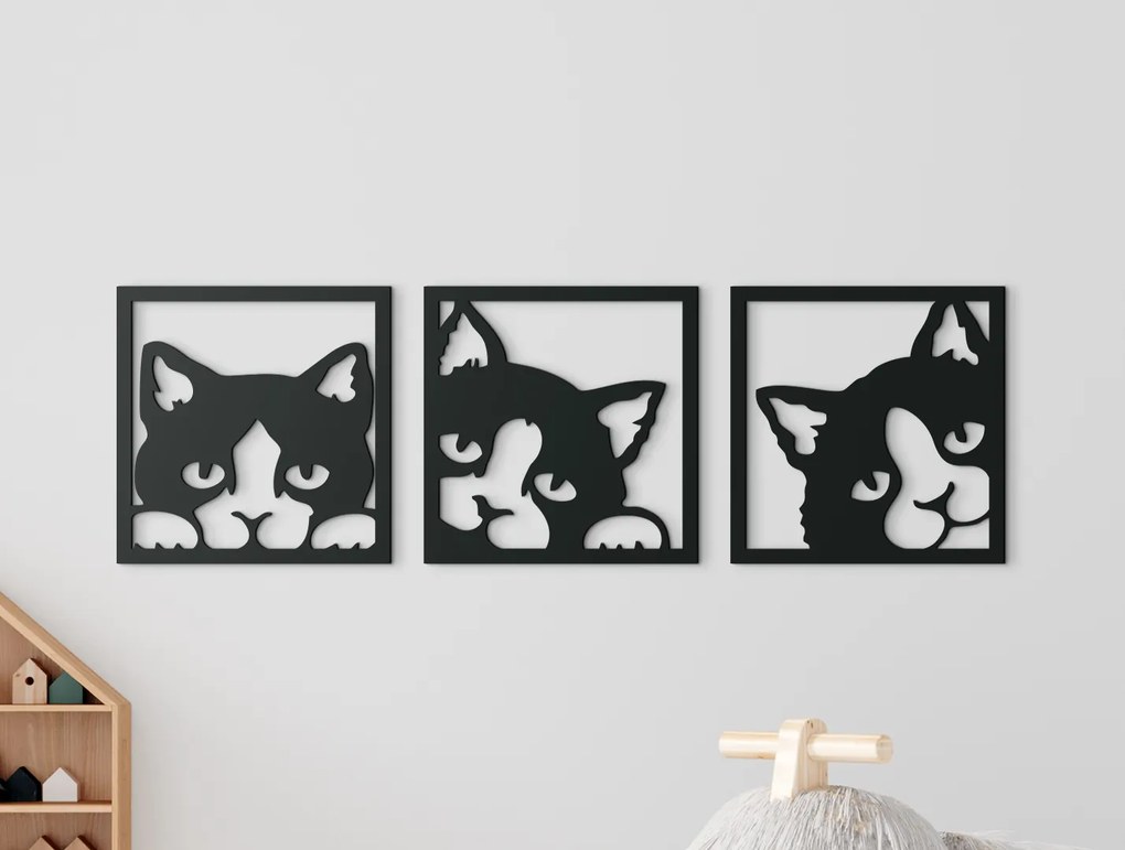 drevko 3-dielny drevený obraz do detskej izby Tri hravé mačičky Rozmer obrazu: 20 x 65 cm, Farba dekorácie: Čierna