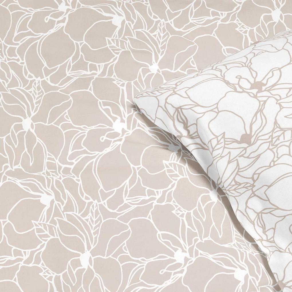 Goldea bavlnené posteľné obliečky - biele kvety na svetle béžovom 140 x 220 a 70 x 90 cm
