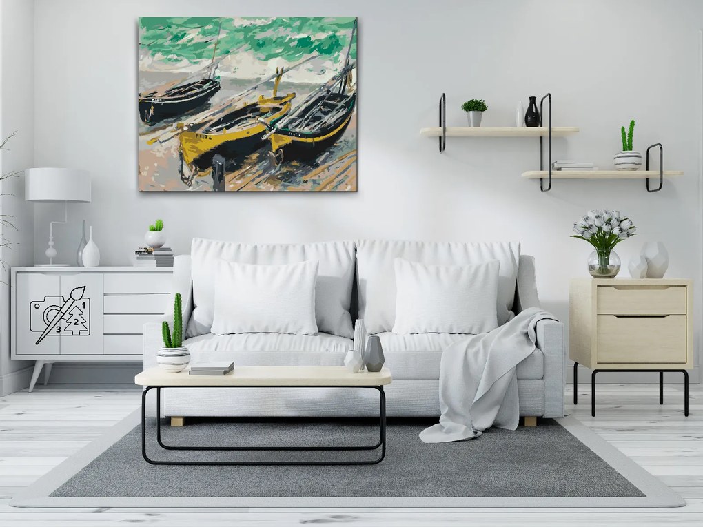Gario Maľovanie podľa čísel Claude Monet 3 rybárske lode Rozmery: 80 x 60 cm, Rámovanie: S vnútorným rámom