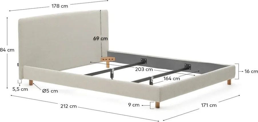 Sivá čalúnená dvojlôžková posteľ bez roštu 160x200 cm Valma – Kave Home