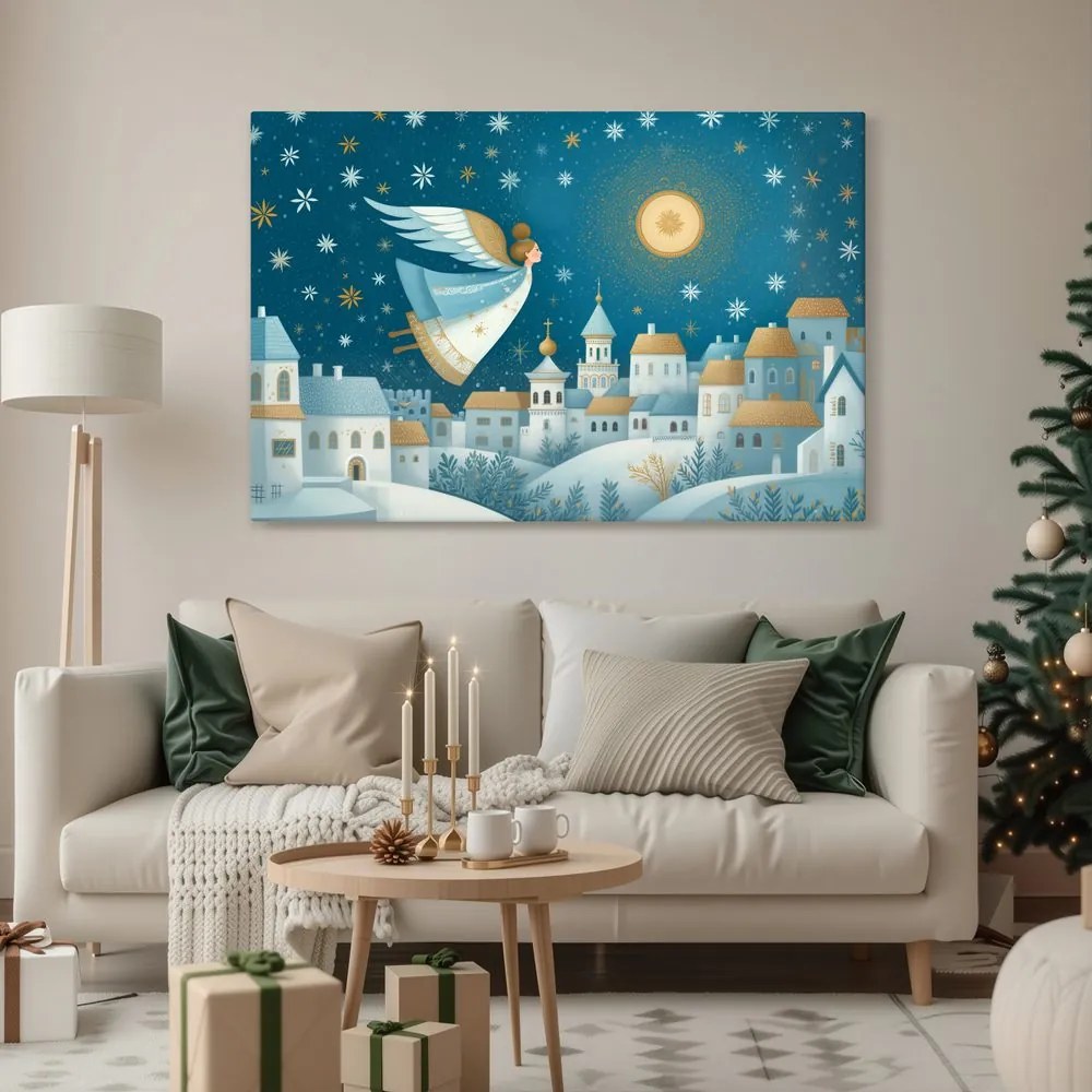 Vianočný obraz anjel nad zimnou dedinou