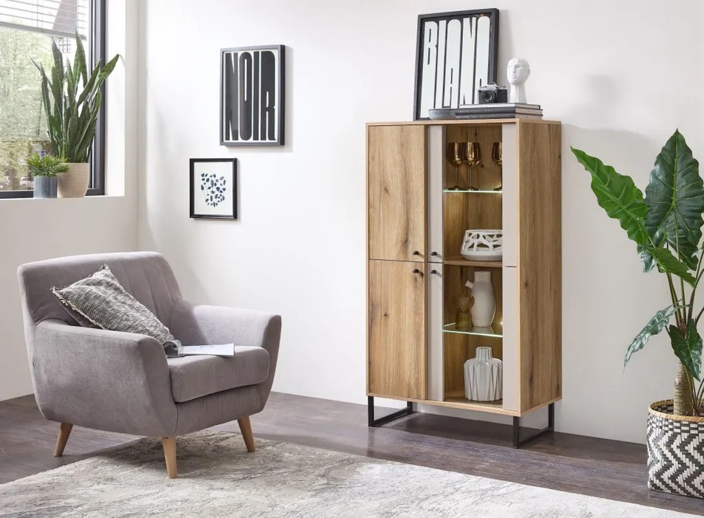 Vitrínová skrinka Cube, dub evoke / pieskovo šedá, s osvetlením