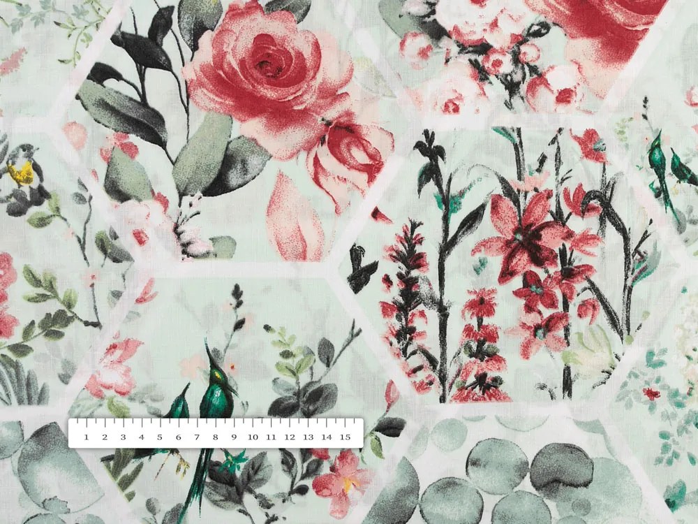 Biante Bavlnený záves Sandra SA-415 Kvety na mintovom hexagóne 150x220 cm