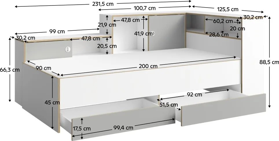 Jednolôžková posteľ s roštom a úložným priestorom Pinio 90x200 cm - biela / sivá