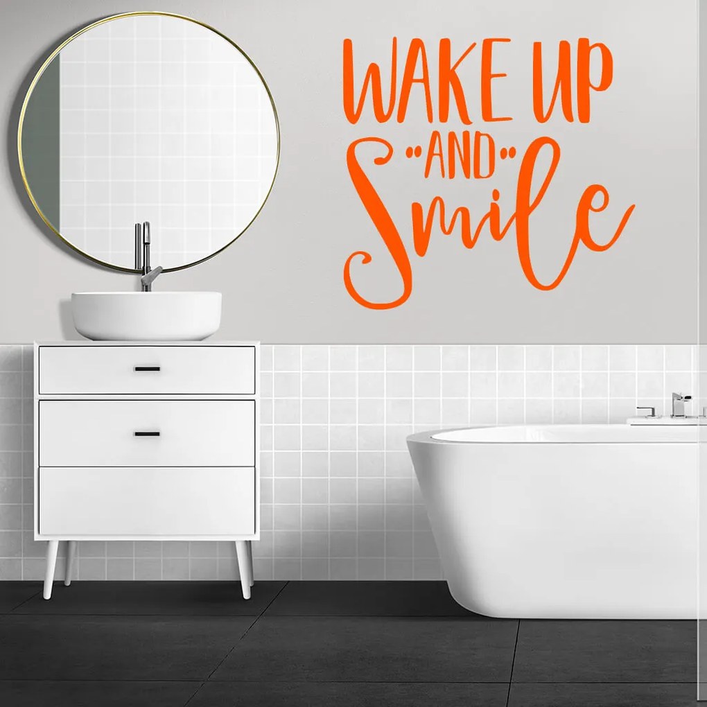 Veselá Stena Samolepka Nápis Wake up and Smile Farba: hnědá, Veľkosť: 40 x 37 cm