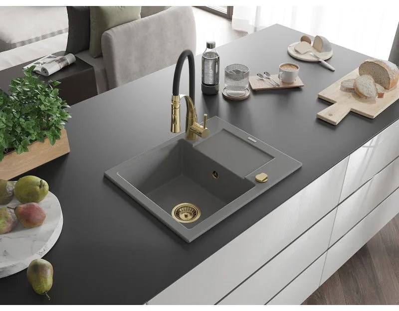 Mexen Enzo, 1-komorový granitový drez 576x465x174 mm a drezová batéria Aster, šedá, 6506-71-73450-57-G