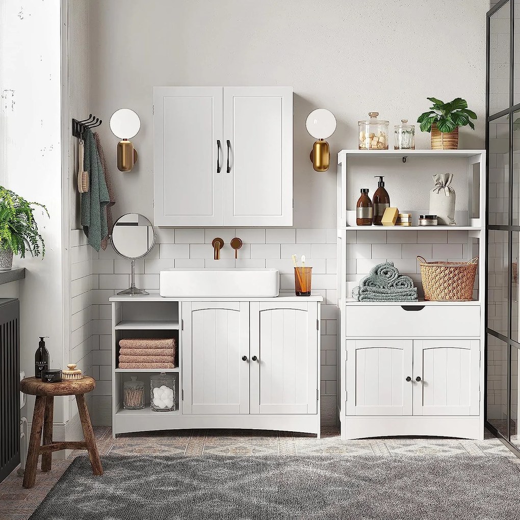 Skrinka pod umývadlo, 2 dvierka a 3 otvorené priehradky, biela