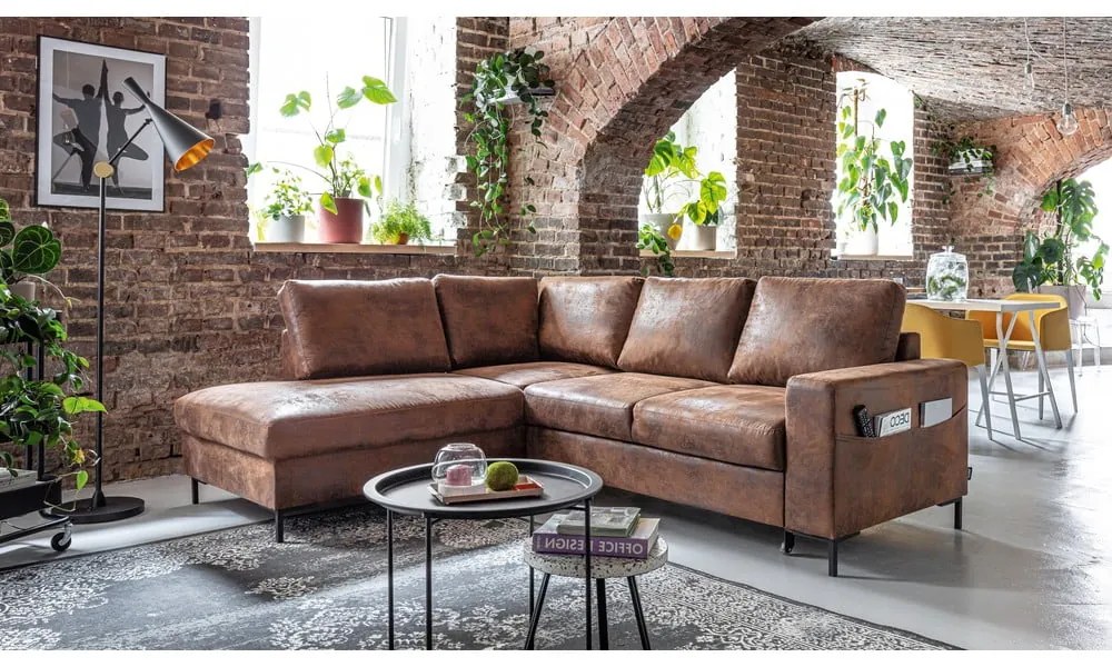 Hnedá rozkladacia rohová pohovka z imitácie kože (ľavý roh) Lofty Lilly – Miuform