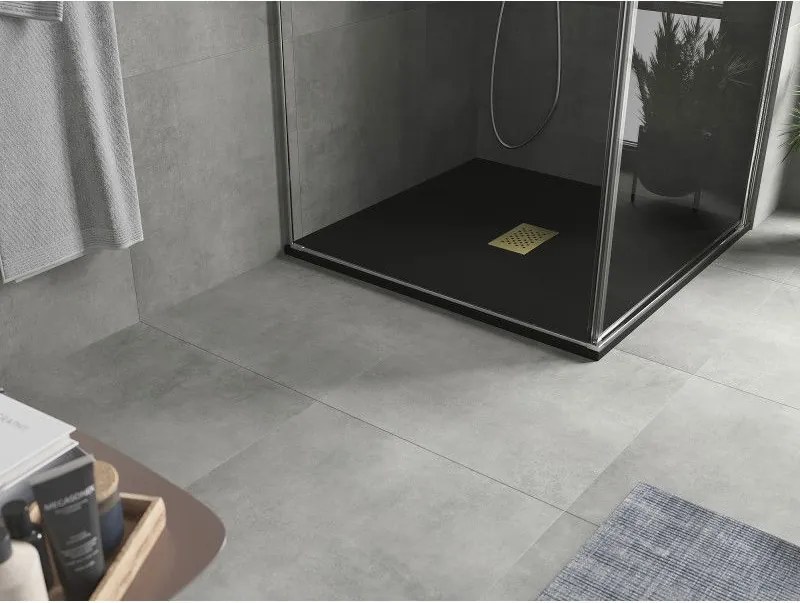 Mexen Hugo, štvorcová sprchová vanička SMC 100 x 100 cm, čierna, zlatá krytka, 42701010-G