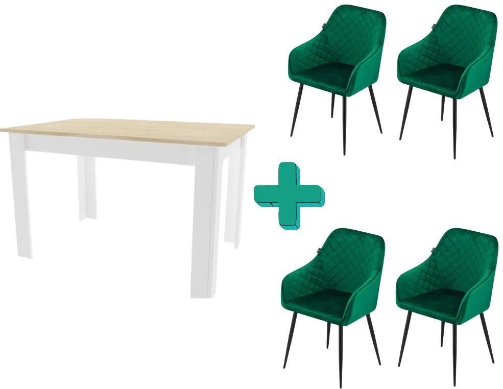 Jedálenský set 1+4, biely stôl v dekore dub sonoma MADO 120x80cm a zelené zamatové jedálenské kreslo NUGAT