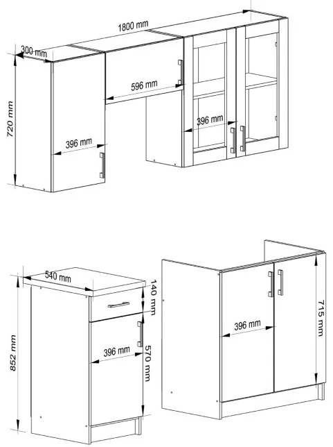 Kuchynská linka LIMA s vitrínou 1.8 m H720 biela / dub sonoma