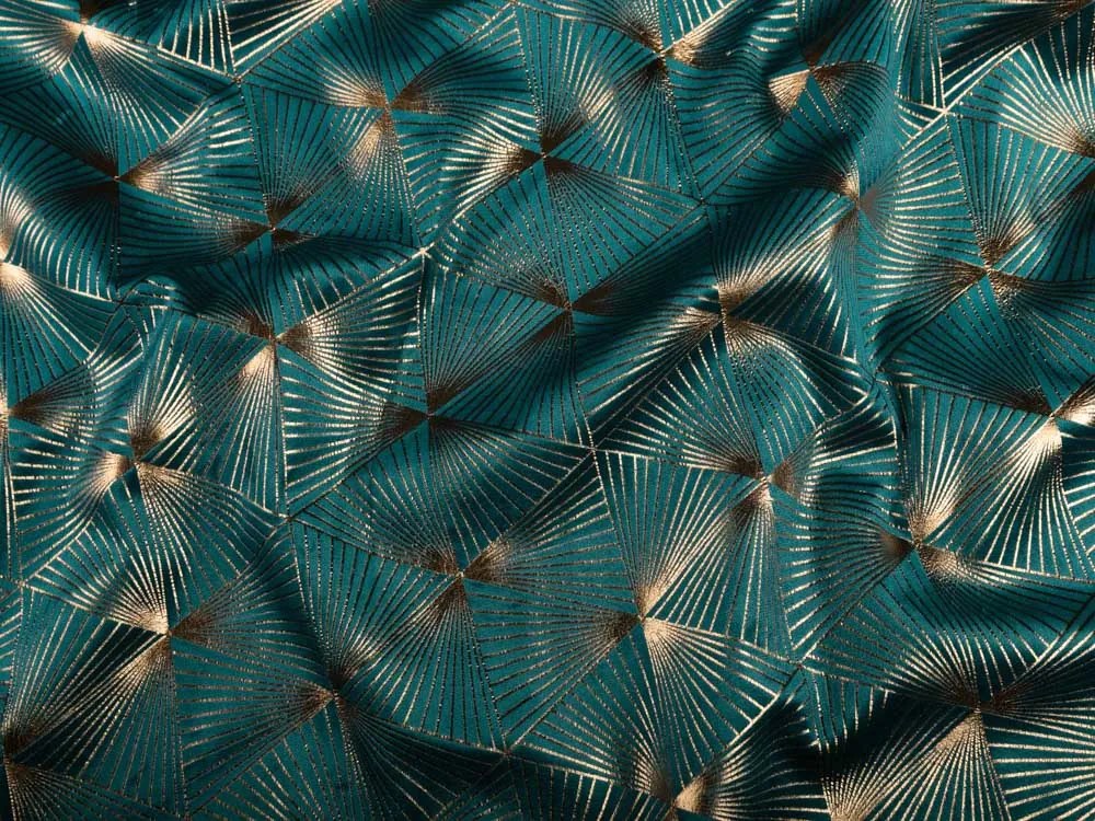 Biante Zamatový oválny obrus Isabela IBL-008 Rose Gold trojuholníky na petrolejovom 80x120 cm