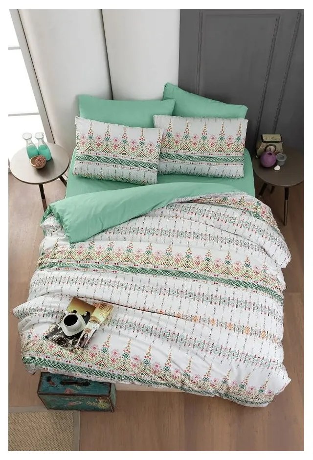 Bielo-zelené 4-dielne predĺžené obliečky na dvojlôžko s plachtou 200x220 cm Ethnic – Mila Home