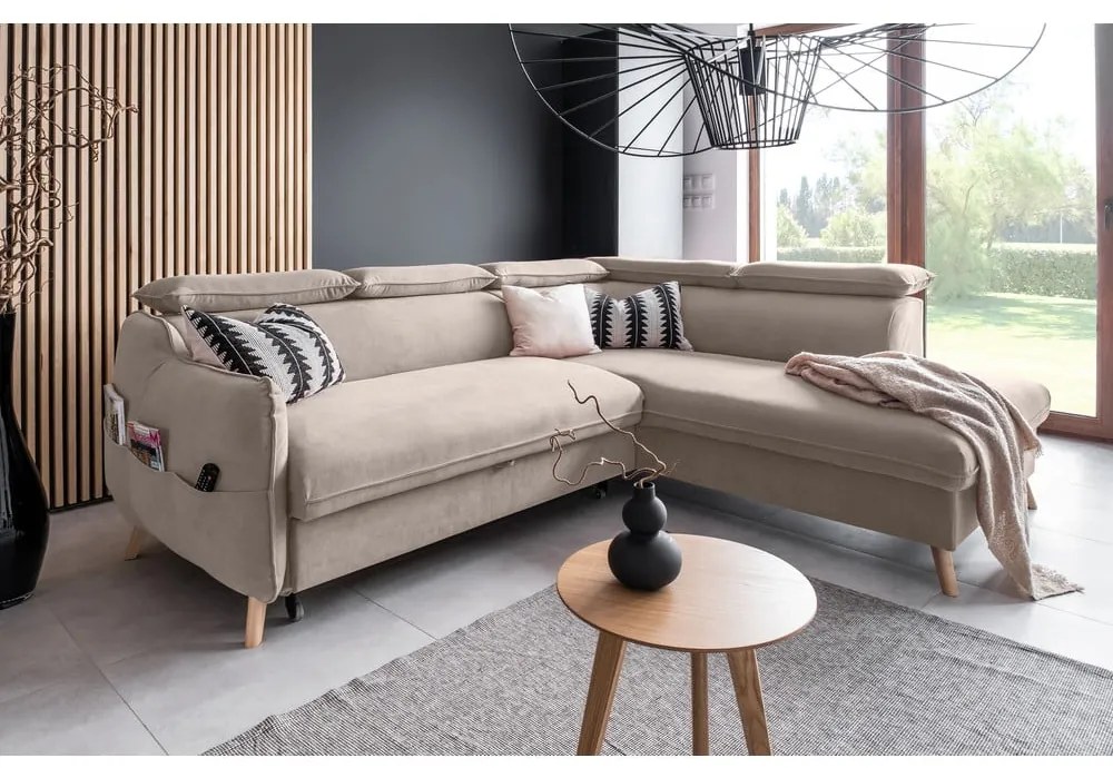 Béžová zamatová rozkladacia rohová pohovka (pravý roh) Sweet Harmony – Miuform