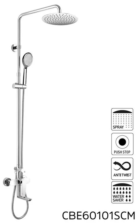 Mereo, Nástenná vaňová batéria Viana so sprchovou tyčou, hadicou, ručnou a tanierovou sprchou slim o200 mm, MER-CBE60101SC