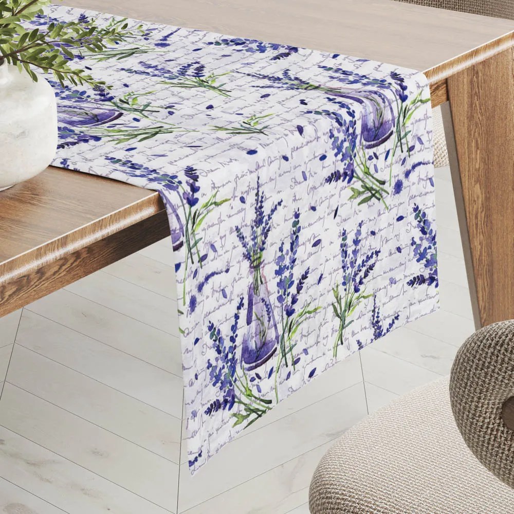 Biante Dekoračný behúň na stôl PML-082 Vetvičky levandúľ s vázičkami 45x140 cm