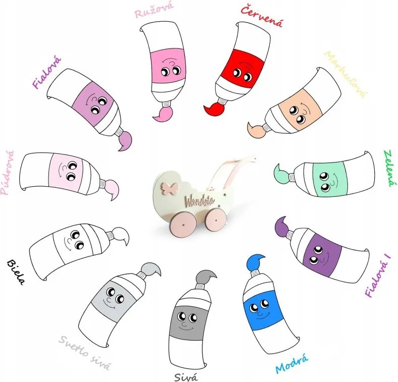 Drevený kočík pre bábiky s dekoráciou ružová + drevo