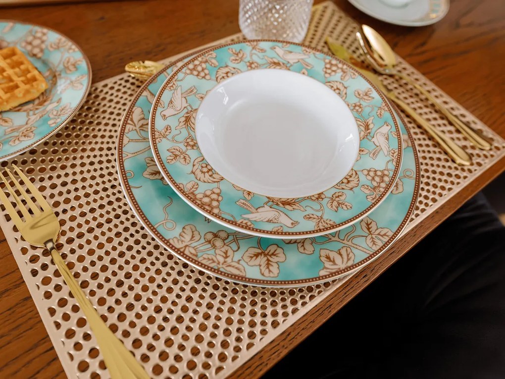 Porcelánová jedálenská súprava (20 ks) Donatella Turquoise - tyrkysová / biela / zlatá