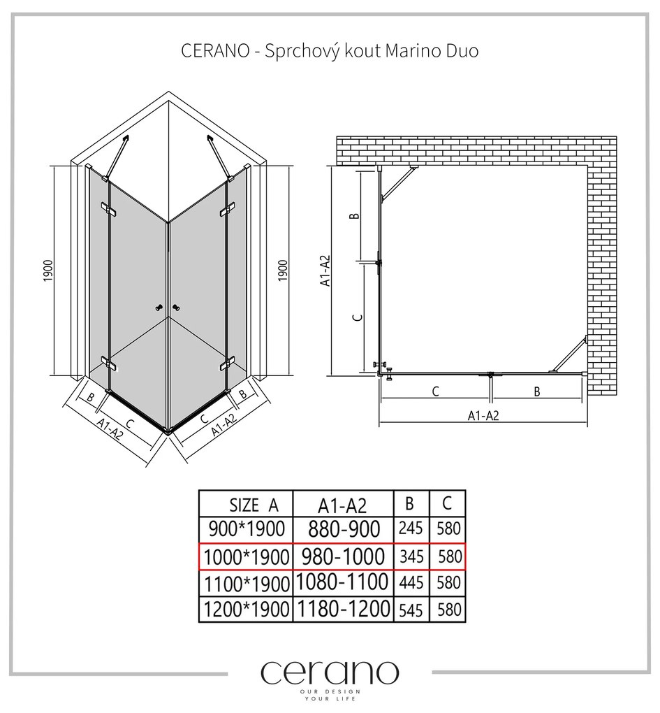 Cerano Marino Duo, sprchovací kút 100(dvere) x 100(dvere), 6mm číre sklo, čierny profil, CER-CER-422928
