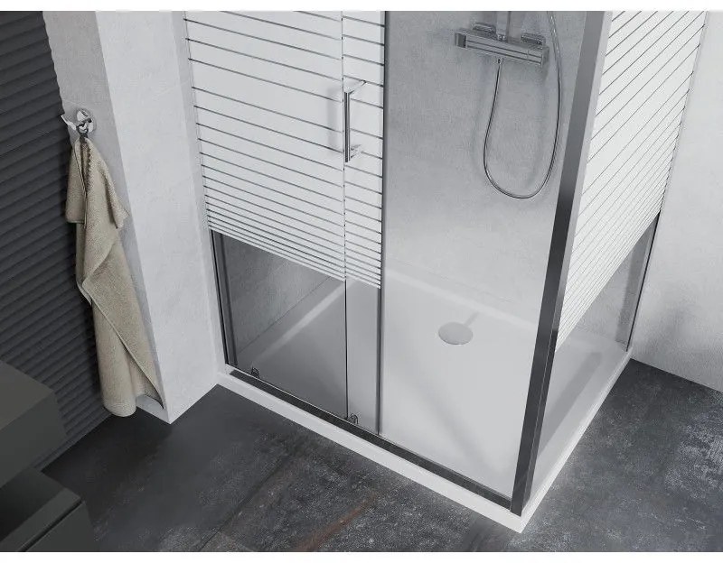 Mexen Apia, sprchový kút s posuvnými dverami 110 (dvere) x 100 (stena) cm, 6mm číre-pásy sklo, chrómový profil + slim sprchová vanička 5cm, 840-110-100-01-20-4010