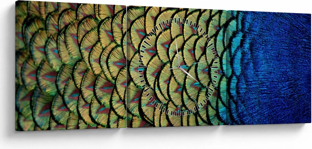 Obraz - Pávie perie (s hodinami) (90x30 cm)