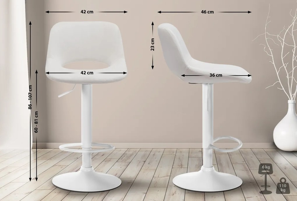 2x Barová stolička Camden - zamat, biely rám Krémová