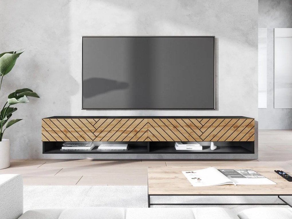 TV stolík/skrinka Adenik 180 MDF, Farby: biela / biela fala, Osvetlenie: osvetlenie LED RGB - farebné
