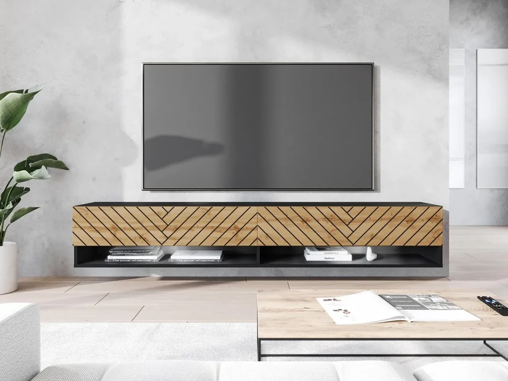 TV stolík/skrinka Adenik 180 MDF, Farby: čierny grafit / čierna fala, Osvetlenie: osvetlenie LED RGB - farebné
