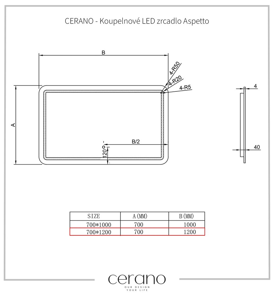 Cerano Aspetto, kúpeľňové LED zrkadlo 120x70 cm, CER-CER-429355