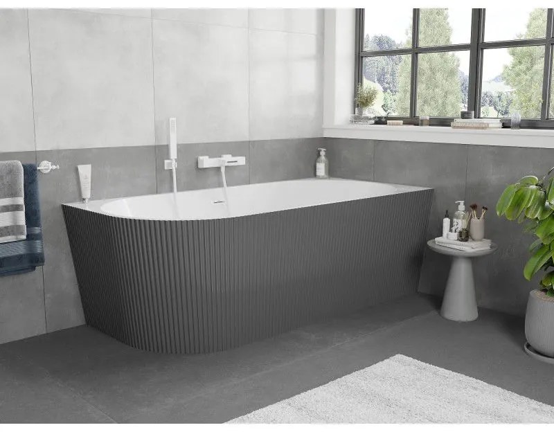 Mexen Silo, rohová voľne stojaca ryhovaná vaňa, pravá, 170 x 80 cm, biela-šedá, biely prepad, 52891708062P-20