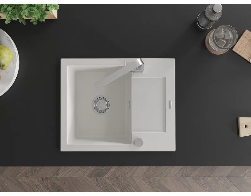 Mexen Enzo, granitový drez 576x465x174 mm, 1-komorový a chrómová batéria Rita, biela, 6506-20-670300-00
