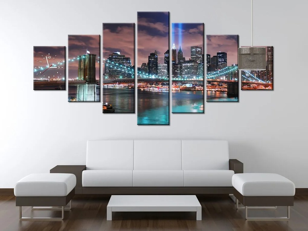 Gario Obraz s hodinami Panoráma Manhattanu - 7 dielny Rozmery: 210 x 100 cm