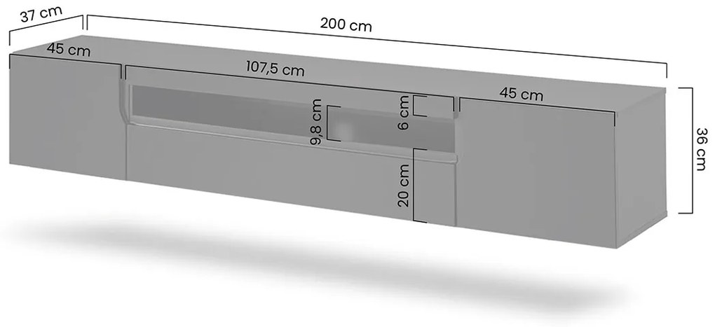 Závesná TV skrinka Loftia 200 cm dvojdverová s výklenkom - artisan / čierny mat
