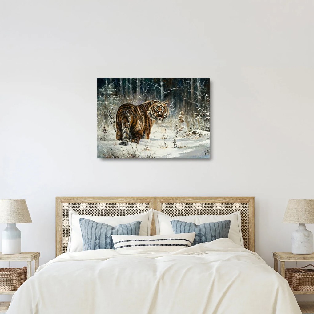 Sklenený obraz - Tiger v zasneženom lese, olejomaľba (70x50 cm)