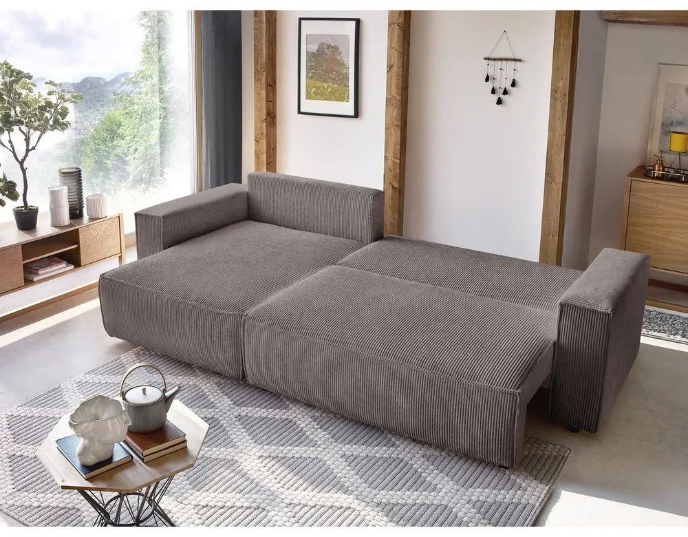 Taupe menčestrová rozkladacia/s úložným priestorom rohová pohovka Nihad – Bobochic Paris