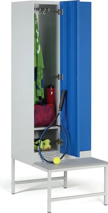 Šatníková skrinka S1 s lavičkou, 2 oddiely, 1875 x 600 x 500/800 mm, cylindrický zámok, červené dvere