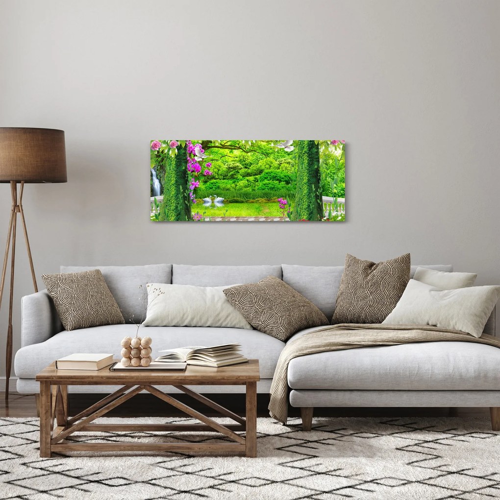 Obraz - Čarovná záhrada s labuťami (120x50 cm)