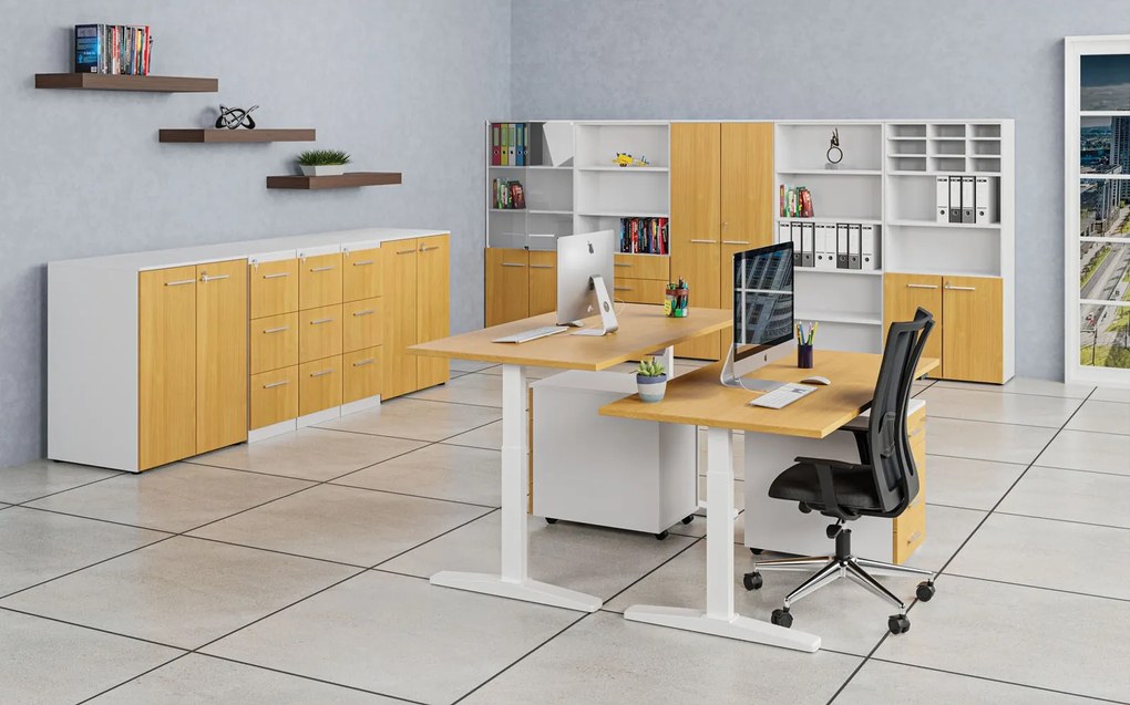Kancelárska policová skriňa PRIMO WHITE, polené dvere, 800 x 500 x 1781 mm, biela/buk