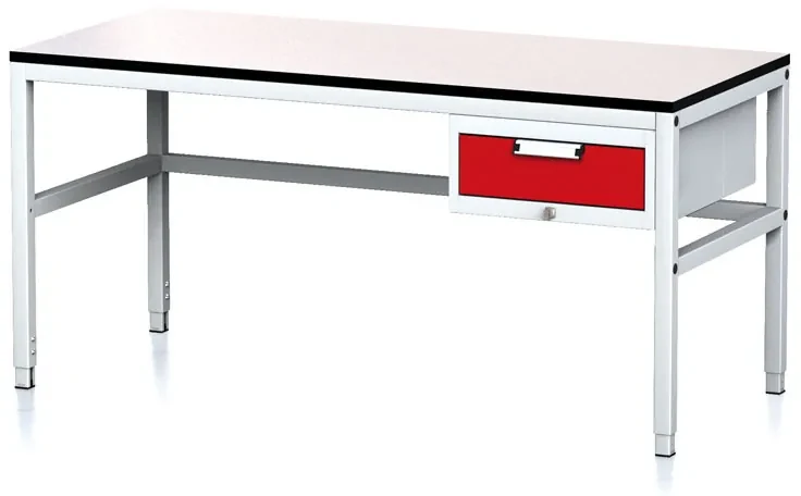 Alfa 3 Nastaviteľný dielenský stôl MECHANIC II, 1 zásuvkový box na náradie, 1600x700x745-985 mm, sivá/červená