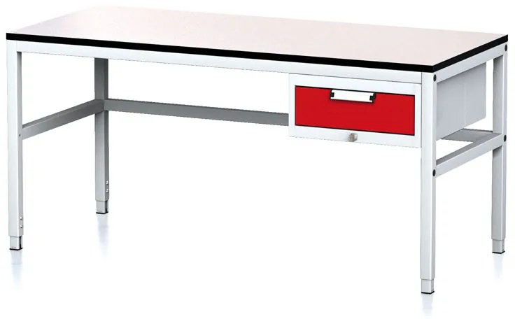 Nastaviteľný dielenský stôl MECHANIC II, 1 zásuvkový box na náradie, 1600x700x745-985 mm, sivá/červená