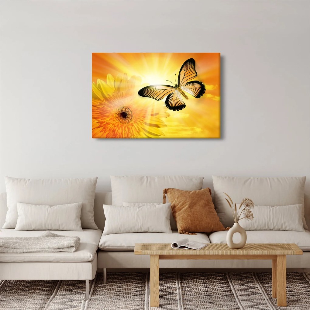 Obraz - Žltý motýľ s kvetom (90x60 cm)