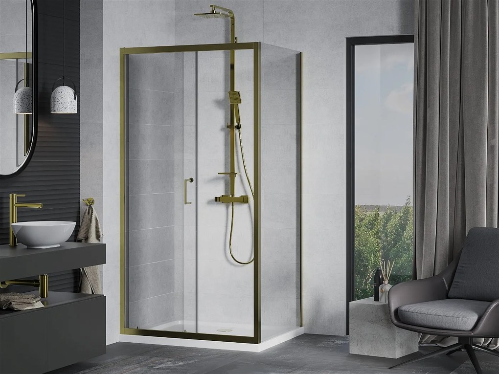 Mexen Apia sprchovací kút s posuvnými dverami 110 (dvere) x 100 (stena) cm, 5mm číre sklo, zlatý profil + biela sprchová vanička SLIM, 840-110-100-50-00-4010G