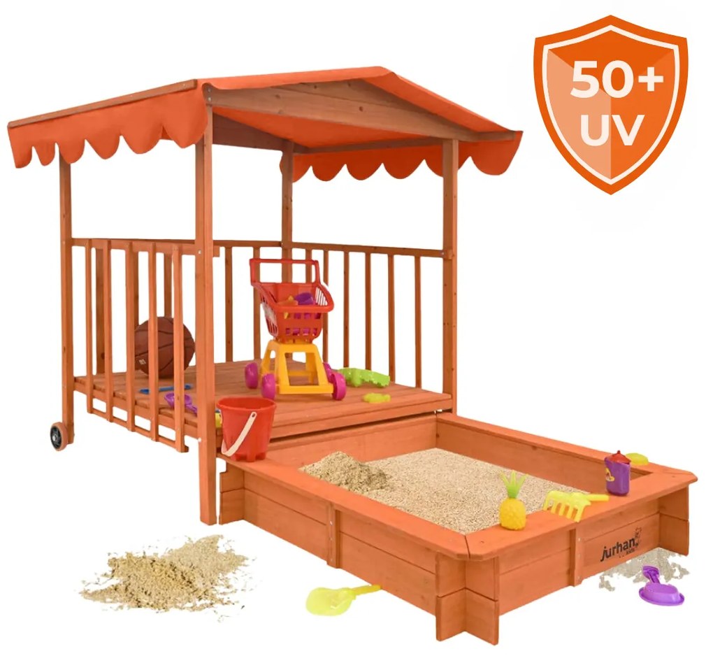 Pieskovisko s verandou HAPPY, 130x130x143cm, hnedá/oranžová Jurhan
