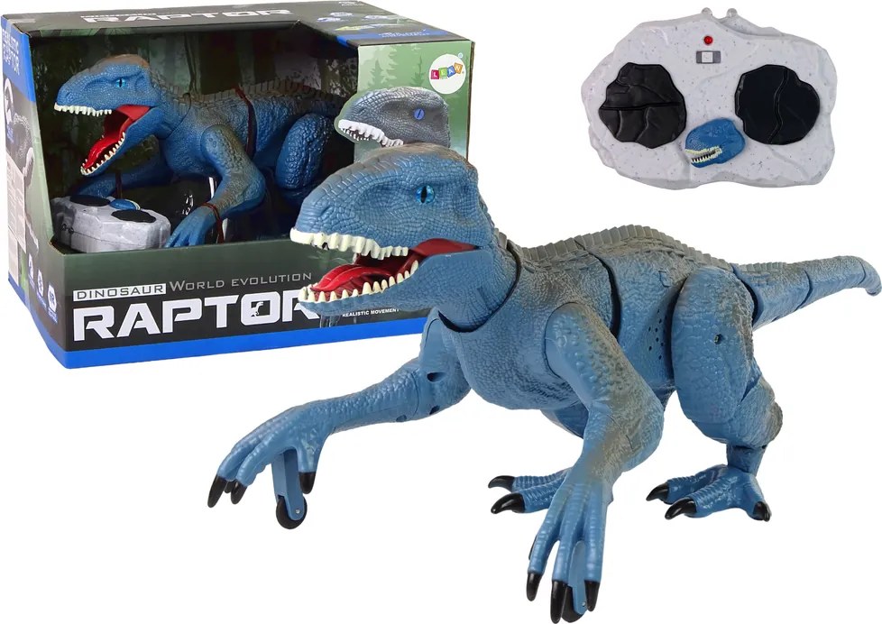 LEAN Toys Dinosaurus na diaľkové ovládanie Velociraptor so zvukmi revu modrý