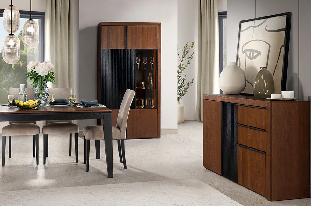 Vitrína Paris II 12 106 cm z masivu s LED osvětlením dub antický/černá