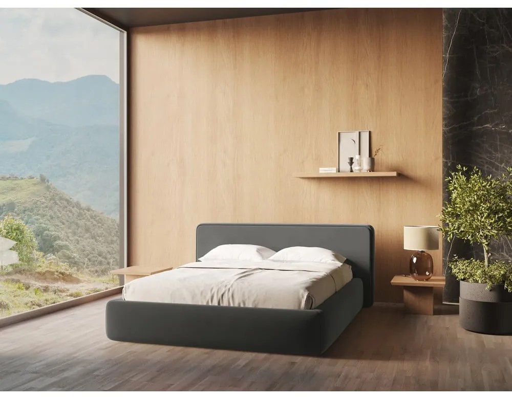 Tmavosivá čalúnená dvojlôžková posteľ s úložným priestorom s roštom 160x200 cm Kiana – Makamii