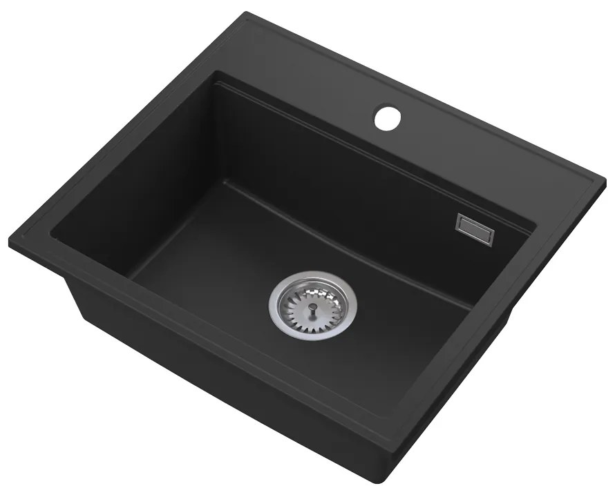 Sink Quality Ferrum New 5055, 1-komorový granitový drez 560x500x210 mm + chrómový sifón, čierna, SKQ-FER.5055.BK.X