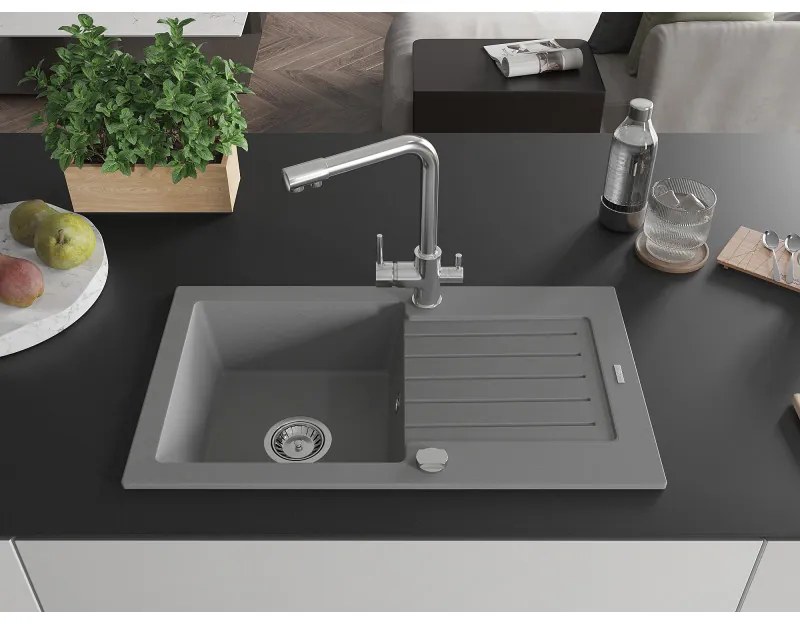 Mexen Pablo, granitový drez 752x436x161 mm, 1-komorový a chrómová batéria Duero, šedá, 6510-71-671600-00