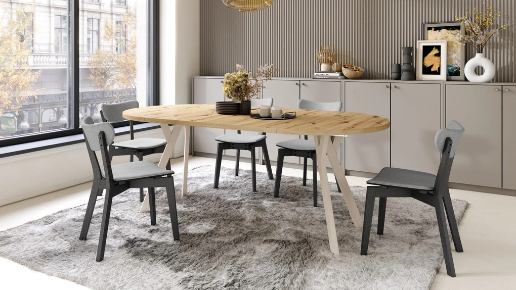 ALMO 100 Dub Artisan/béžové nohy - OKRÚHLY LOFTOVÝ/INDUSTRIÁLNY ROZKLADACÍ STÔL DO OBÝVAČKY/JEDÁLNE