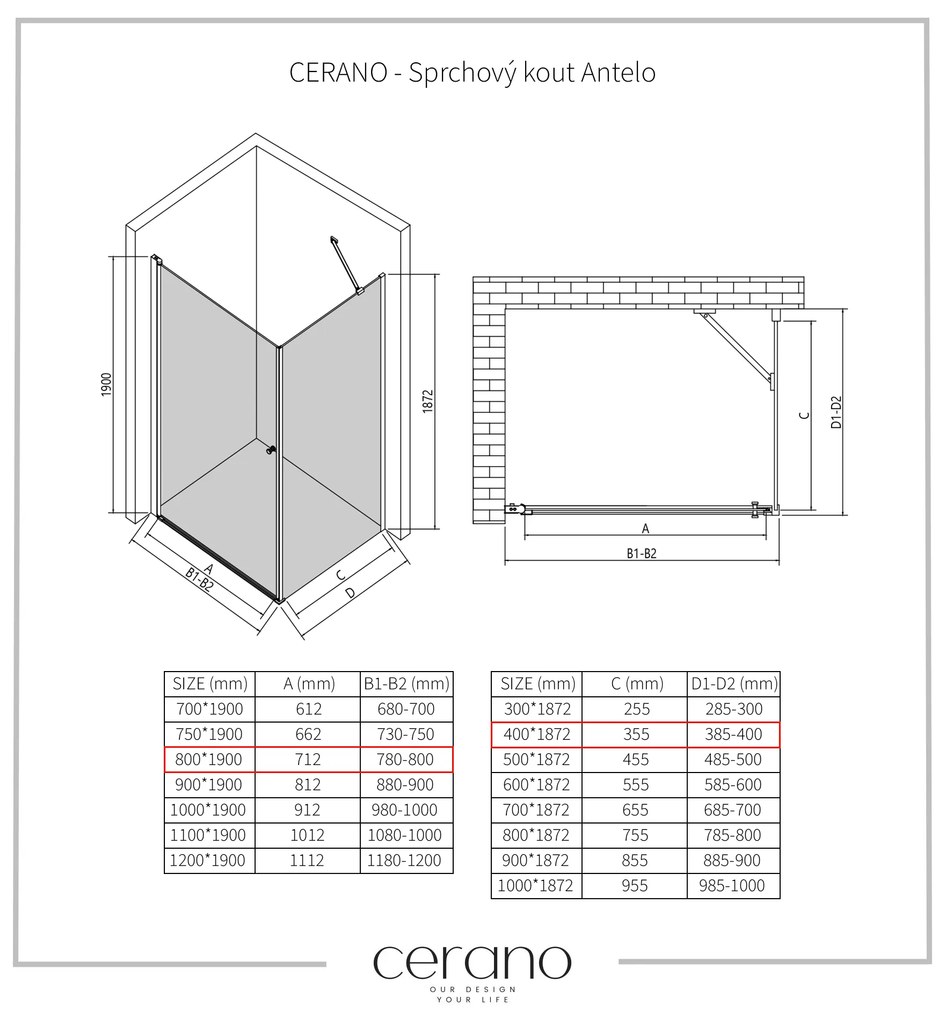 CERANO - Sprchovací kút Antelo L/P - 6 mm - chróm, transparentné sklo - 80x40 cm - krídlový, CER-CER-477389